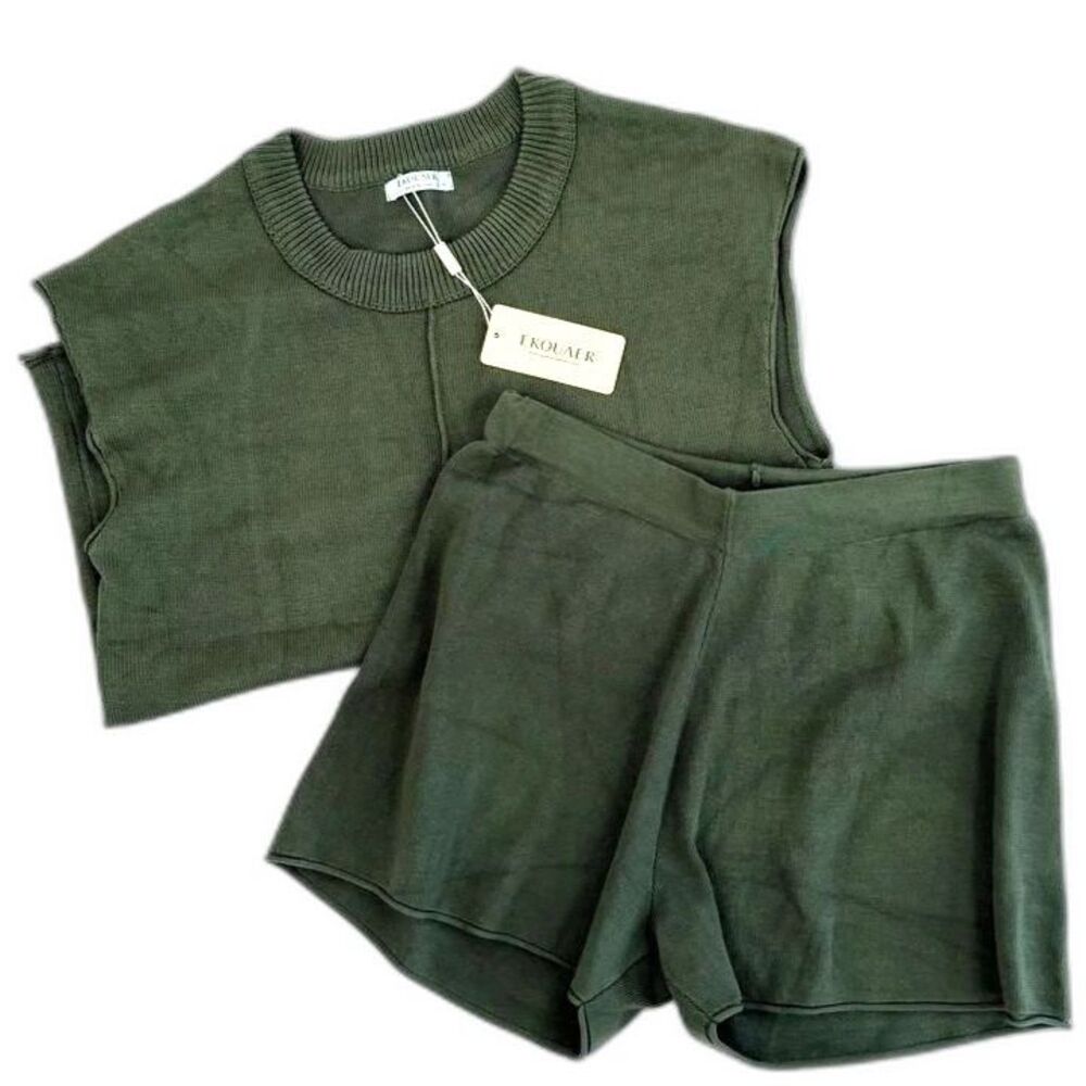 Ekouaer Women’s 2-Piece Dark Green Matching Lounge Set Top & Shorts Size M NWT
